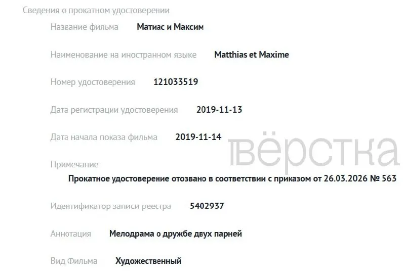 С 1 марта, после вступления в силу закона о защите «традиционных ценностей», Министерство культуры лишило прокатных удостоверений семь картин — три зарубежные ленты с ЛГБТ‑темами и четыре российских фильма; в реестре причины не раскрываются.