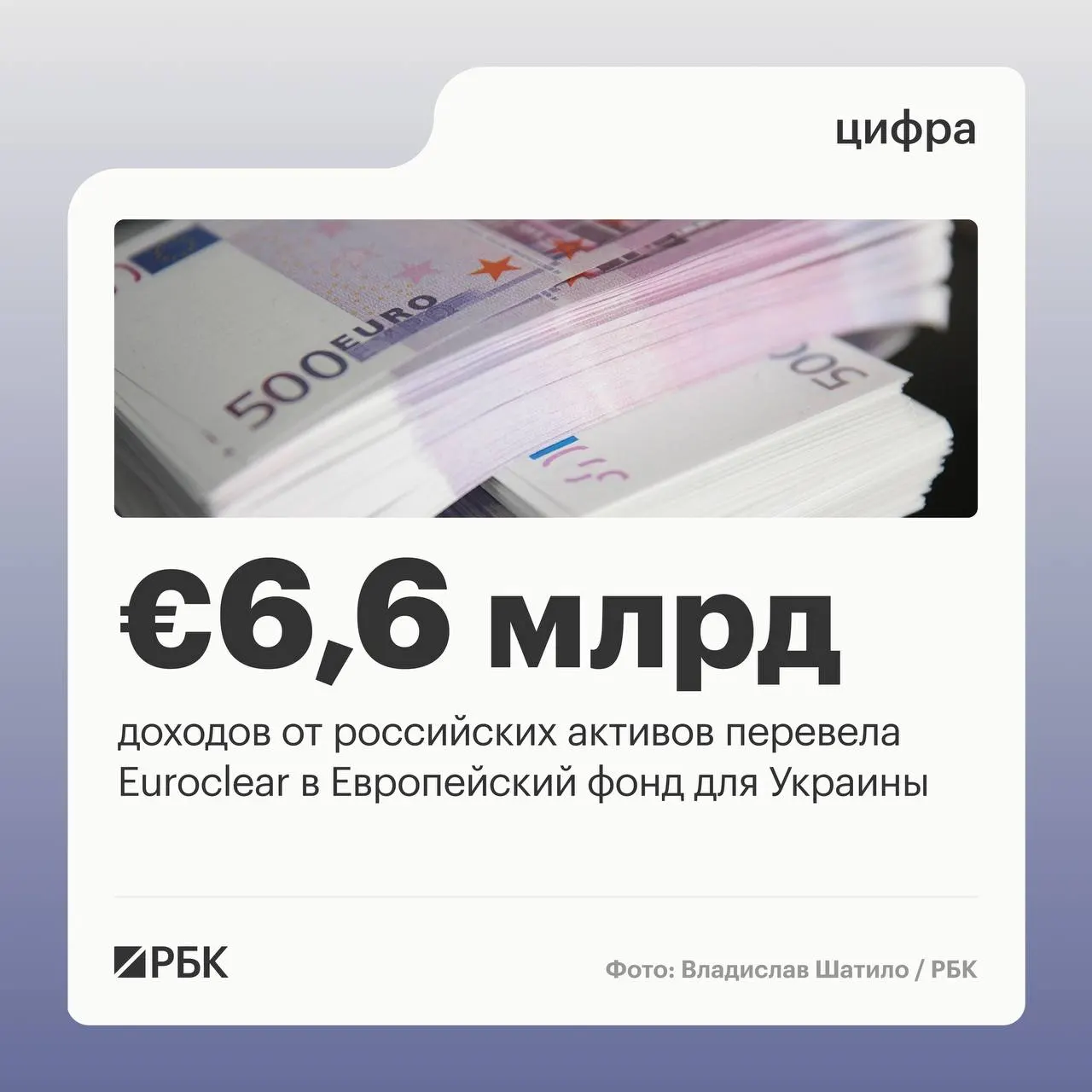 Бельгийский депозитарий Euroclear направил Киеву €6,6 млрд доходов; следующий платёж €1,4 млрд запланирован на июль 2026 года. В I квартале 2026 года процентный доход от замороженных активов составил €1,1 млрд — на 23% меньше год к году; €744 млн зарезервированы для фонда поддержки Украины.