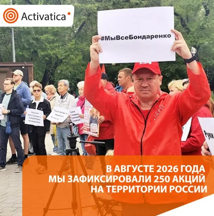 В августе 2026 года зафиксировано около 250 протестных акций по всей России — примерно в полтора раза больше, чем в июле. Повестка сочеталась с электоральной темой, репрессиями и антивоенной риторикой.