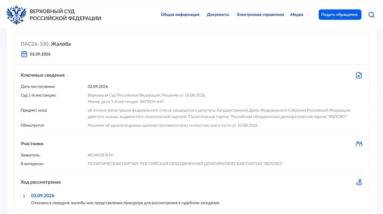 Суд отказался передавать жалобу в Президиум; партия намерена обратиться в Конституционный суд России.