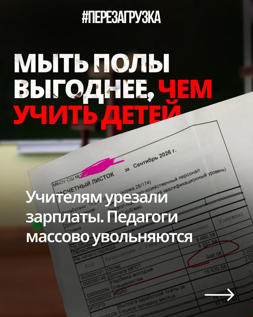 Учителя из разных регионов жалуются на снижение зарплат при той же нагрузке; в бюджете на 2027 год оборона получает 17,15 трлн ₽, образование — 1,78 трлн ₽.